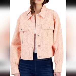 Women's Cropped Peach Jacket - Lightweight Printed Trucker